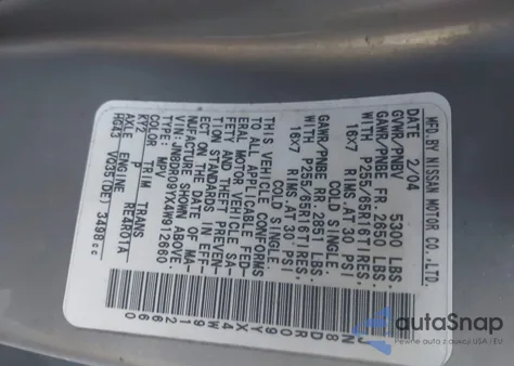 2004 Nissan Pathfinder Se z USA, uszkodzony, nr VIN JN8DR09YX4W912660